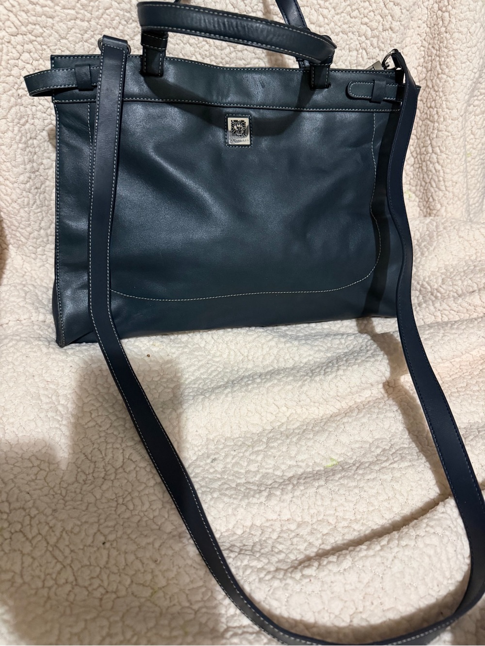 Anne Klein Navy Leather Messenger Crossbody Bag